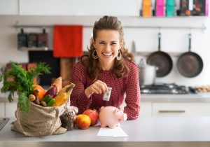 Happy Woman Saving Money & Eating Healthy Meals